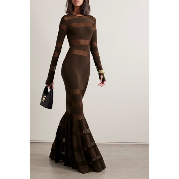Norma Kamali Spliced Fishtail Gown Chocolate Brown Mesh Jersey Long Sleeve Sz S Dresses